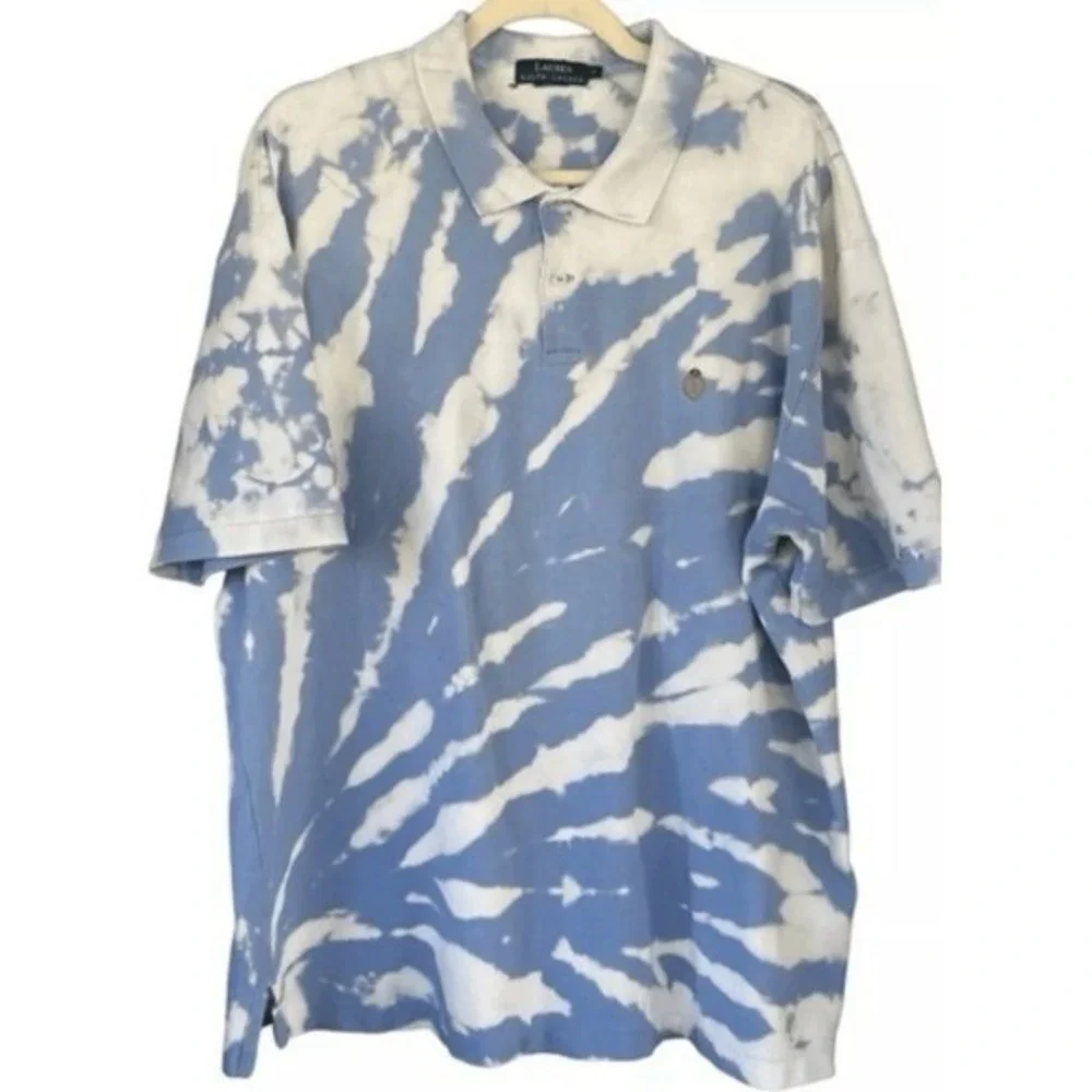 1990s Vintage Ralph Lauren Tie‎ Dye Polo Shirt Blue White Cotton Oversized
